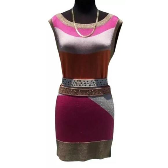 Cache Pink Orange Gold Metallic Knit Wave Tunic Top Stretch Dress New $98 NWT - Picture 6 of 11